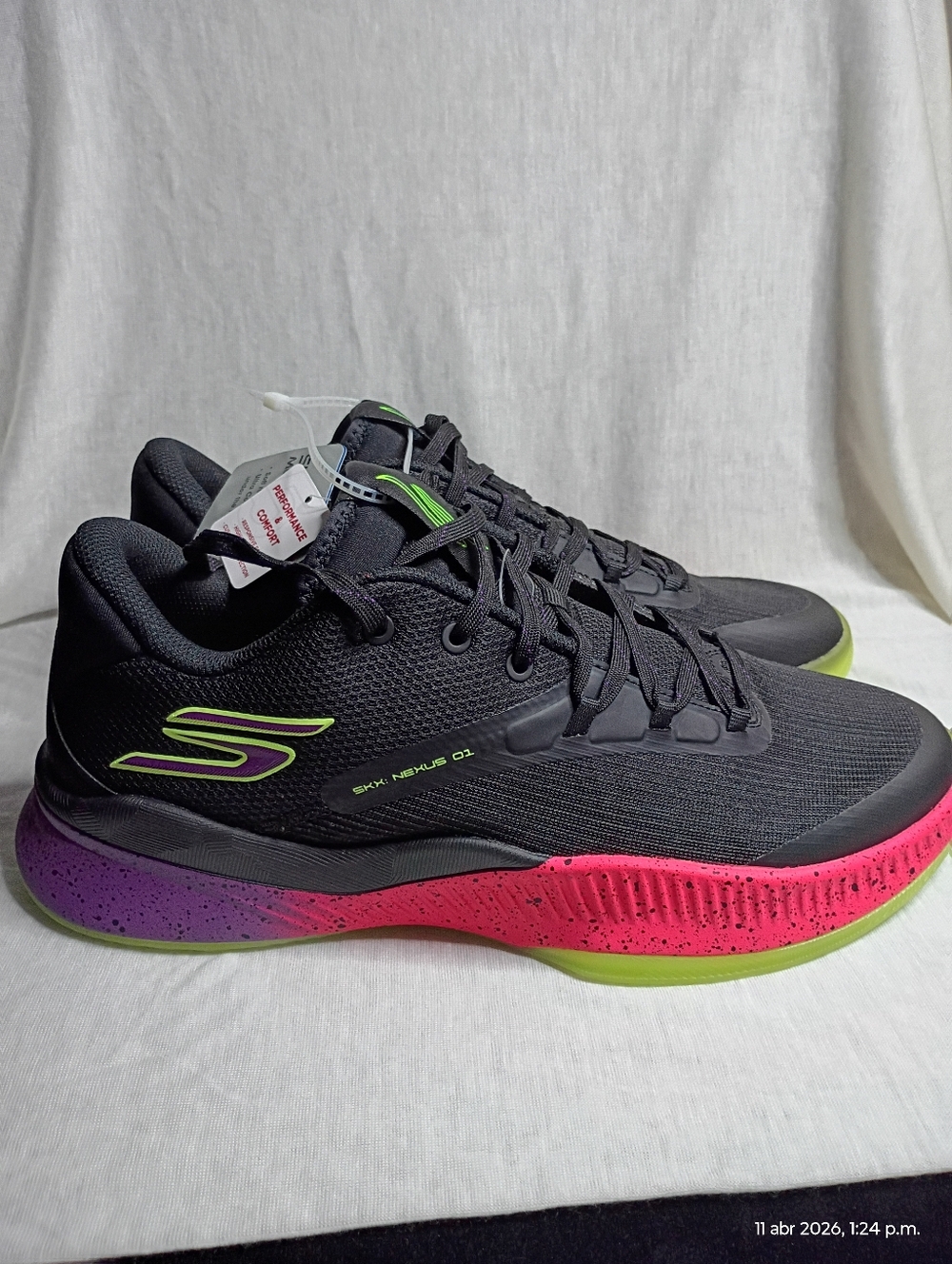 Skechers Men's Black Athletic Shoes with Purple & Neon Yellow Accents size 10.5